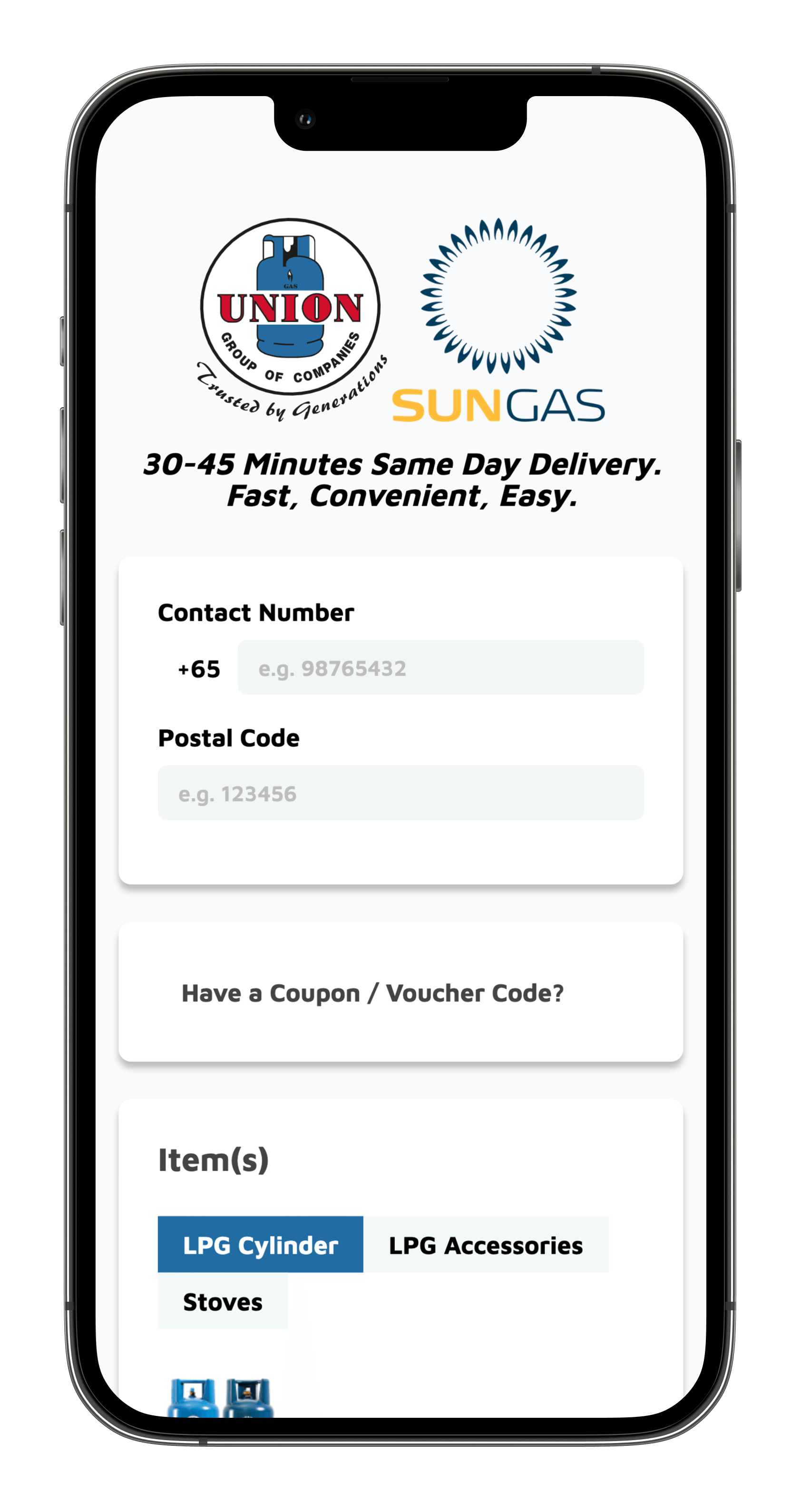 Screenshot of UnionGas mobile ordering website homepage