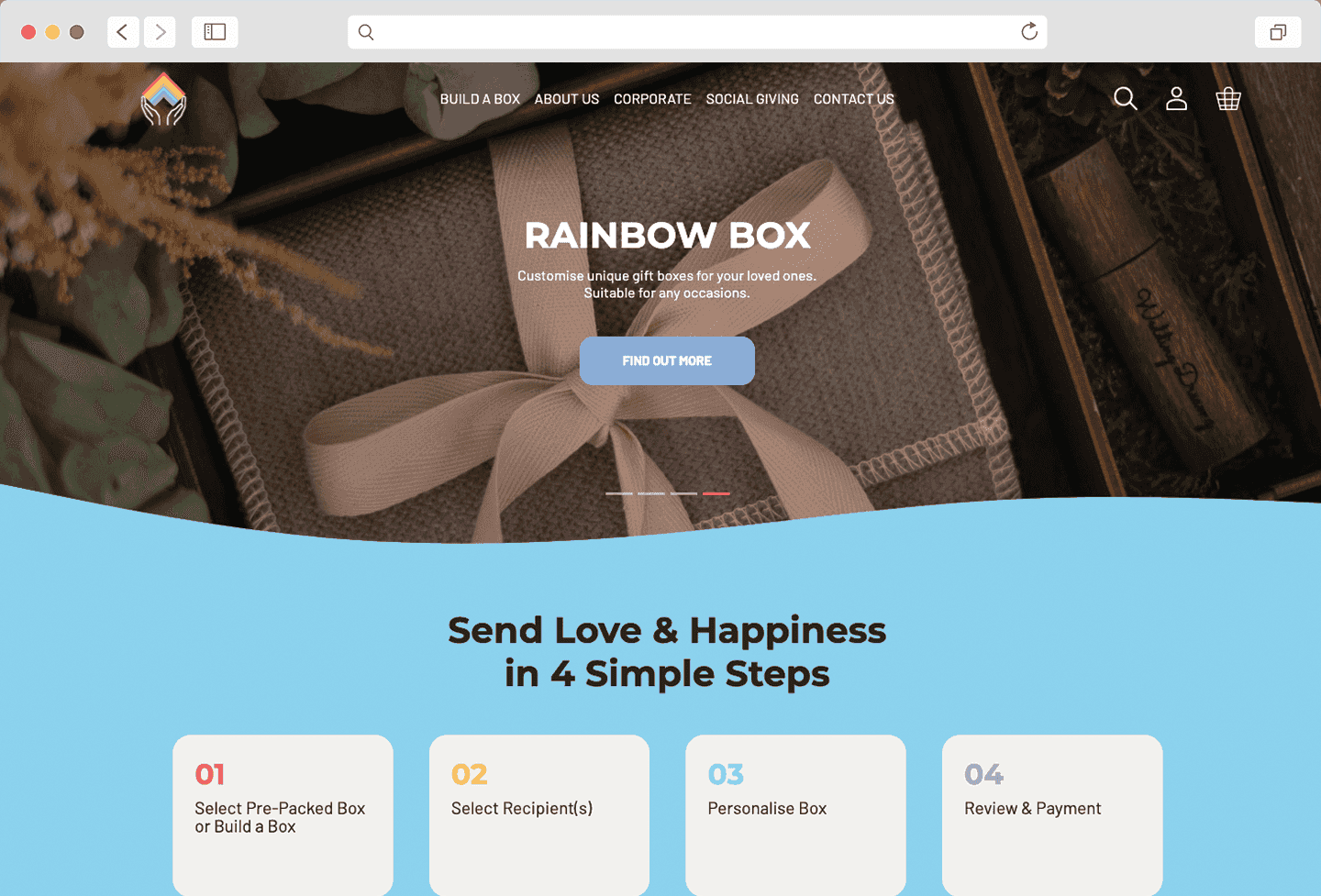 Screenshot of Rainbow Box e-commerce website homepage